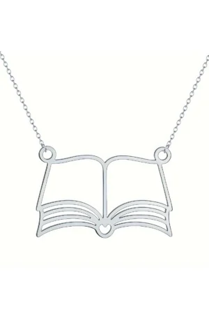 Silver Open Book Necklace: Titanium Steel