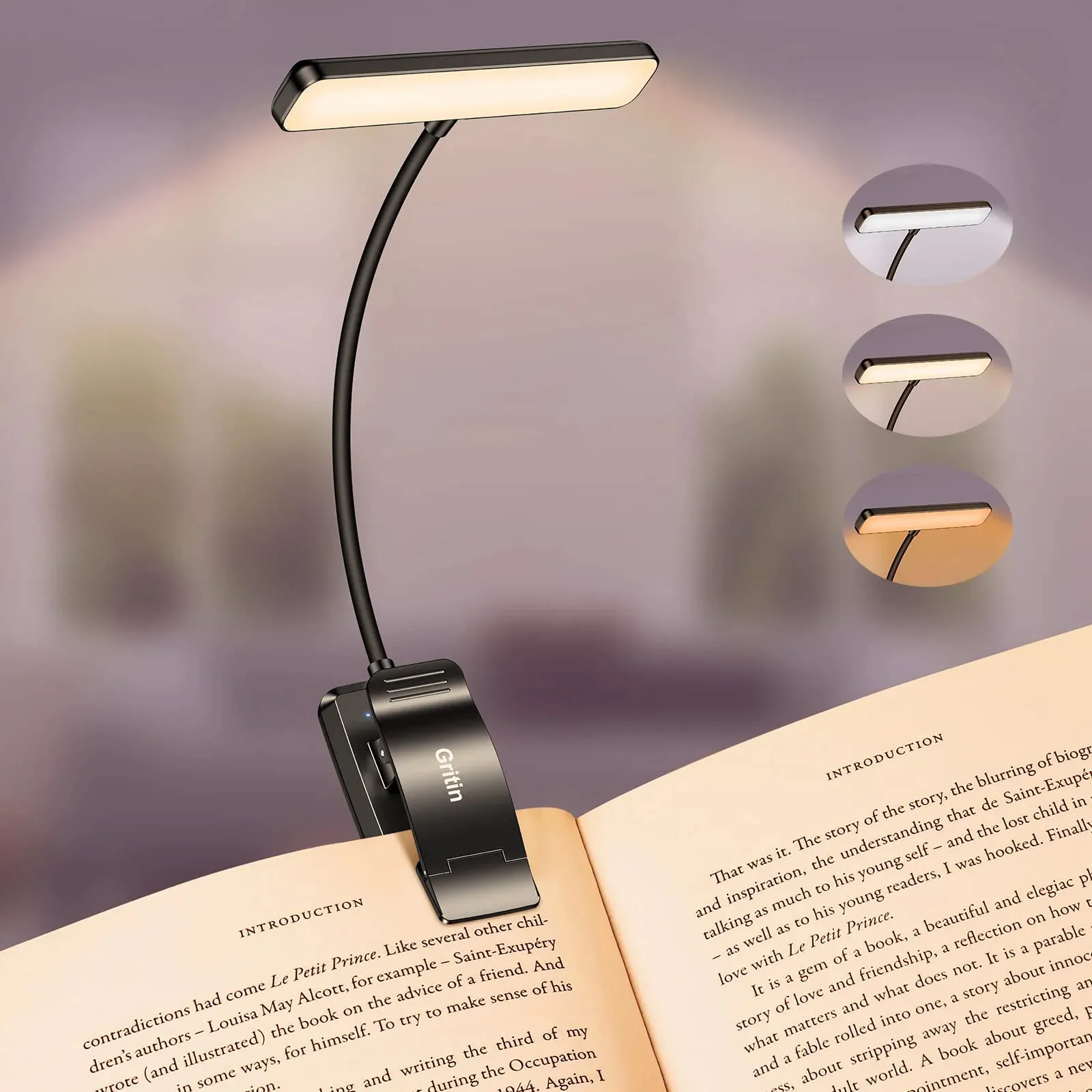 LED USB-C Rechargeable Book Light with Memory Function - Black